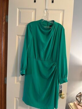 Donna Morgan Teal- Green Long Sleeve Draped Waist Dress